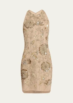 Aidan MattoxFloral Bead & Sequin Halter Mini Dress