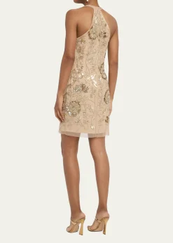 Aidan MattoxFloral Bead & Sequin Halter Mini Dress
