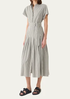 Akris puntoCap-Sleeve Belted Cotton Poplin Pleated Midi Shirtdress