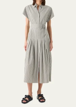 Akris puntoCap-Sleeve Belted Cotton Poplin Pleated Midi Shirtdress