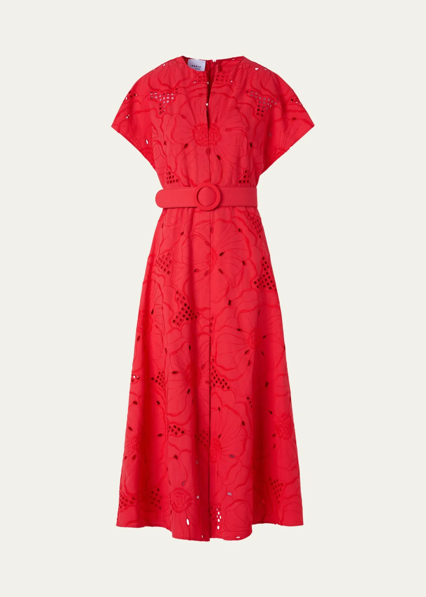Akris puntoFloral Eyelet Embroidered Short-Sleeve Belted Midi Dress