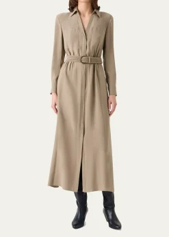 Akris puntoLong-Sleeve Belted Viscose Twill Midi Shirtdress