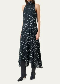Akris puntoMock-Neck Polka-Dot Viscose Georgette Handkerchief Midi Dress