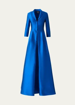AkrisThree-Quarter Sleeve Flared Long Silk Coat Dress
