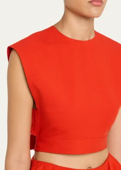 ALAIACap-Sleeve Belted Cotton Gabardine Crop Top