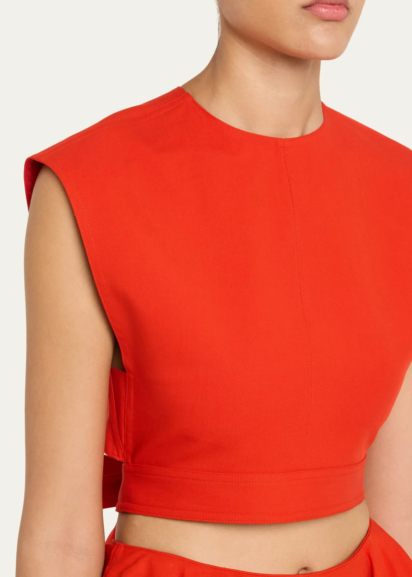 ALAIACap-Sleeve Belted Cotton Gabardine Crop Top
