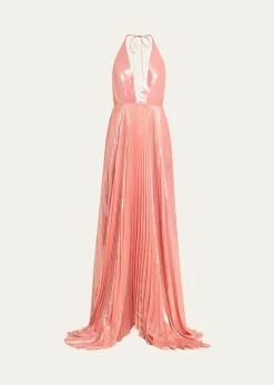ALICE + OLIVIAAdalyn Pleated Metallic Halter Maxi Dress