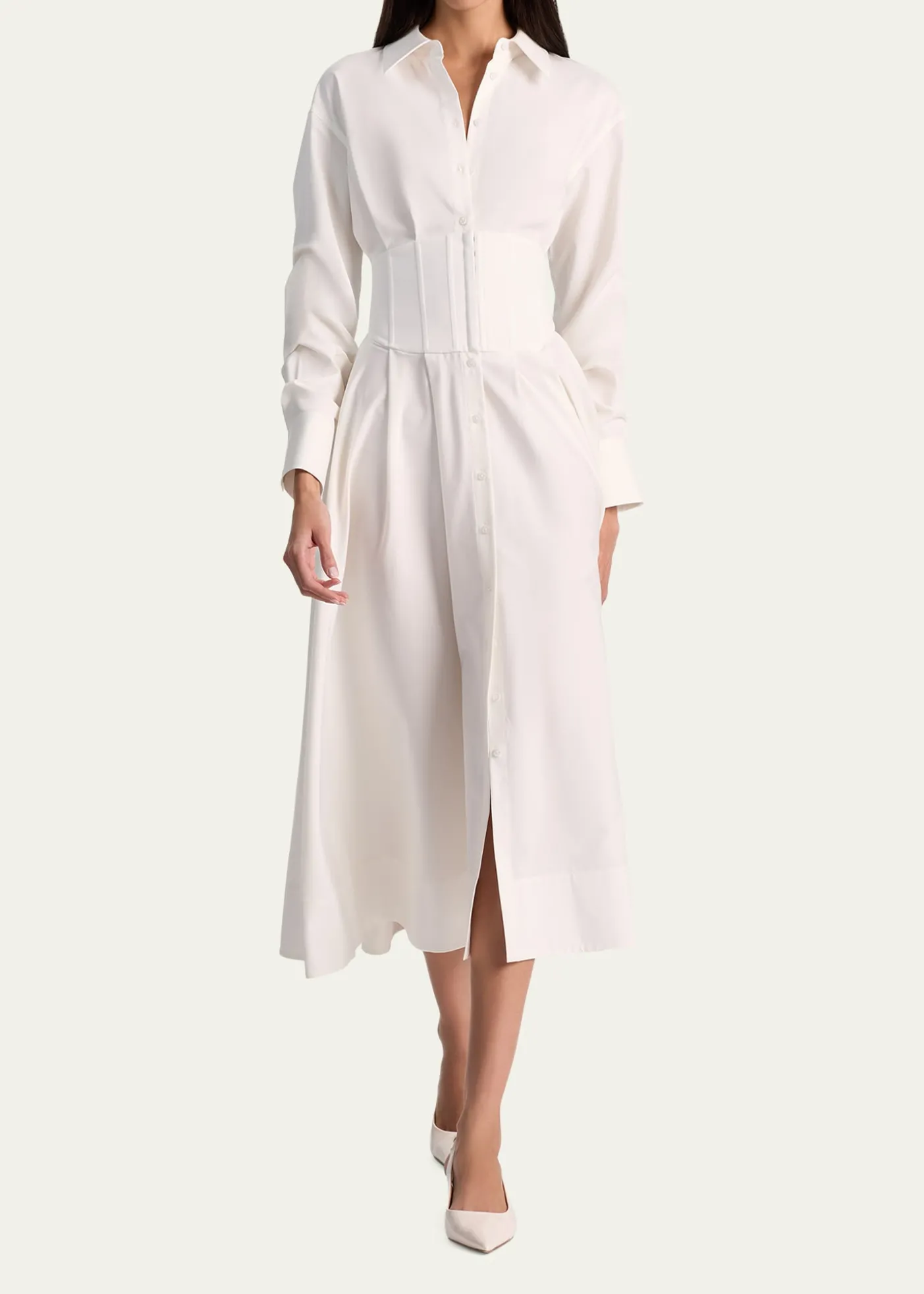 ALICE + OLIVIAEdie Corset Button-Front Midi Shirtdress