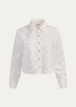 ALICE + OLIVIAFinely Laser-Cut Denim Cropped Shirt