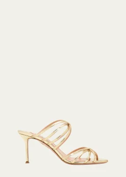 Aquazzura75mm Tell Me Metallic Leather Mules