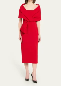 Badgley MischkaSquare-Neck Pleated Wrap Midi Dress