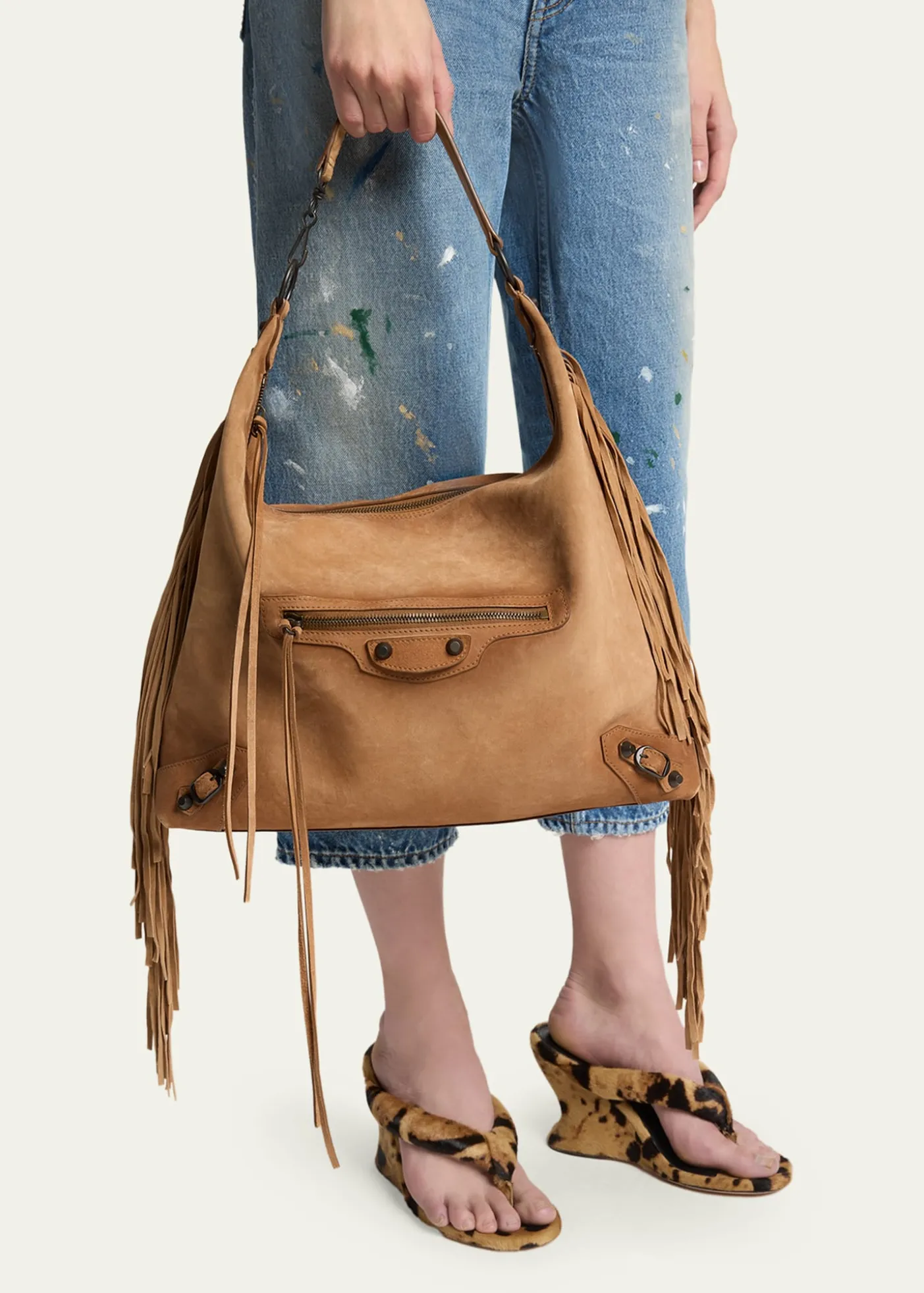 BalenciagaLe City Medium Fringed Suede Hobo Bag