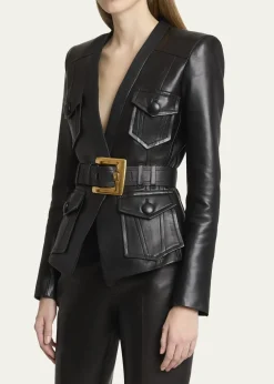 BalmainBelted Leather Fitted Jacket