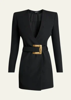 BalmainBelted Strong-Shoulder Long-Sleeve Mini Dress