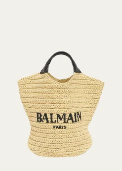 BalmainCabas Mini Faux Raffia Top-Handle Bag