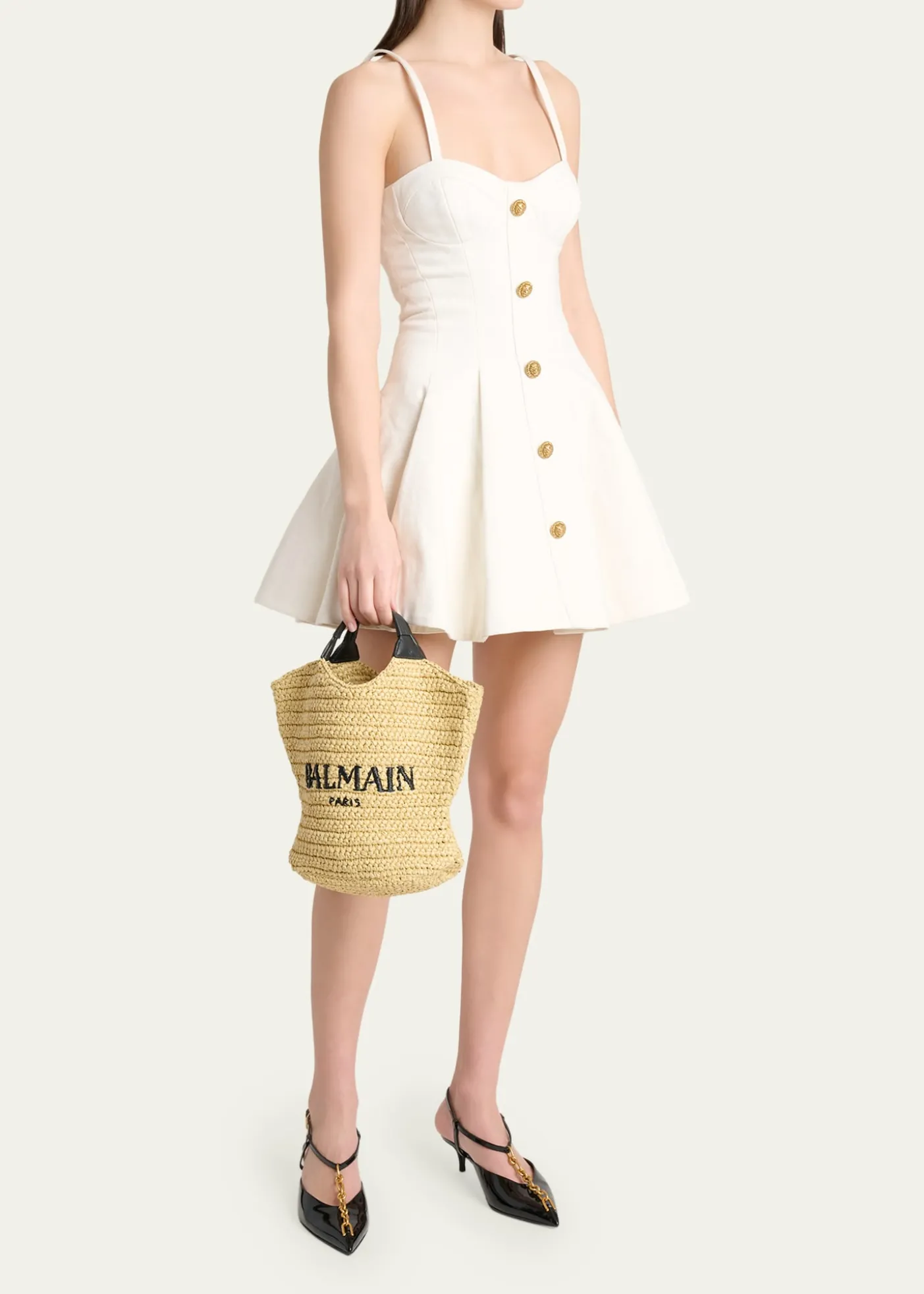 BalmainCabas Mini Faux Raffia Top-Handle Bag