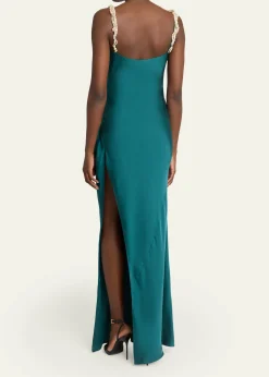BalmainCowl-Neck Embroidered Strap Silk Column Gown