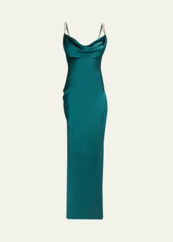 BalmainCowl-Neck Embroidered Strap Silk Column Gown