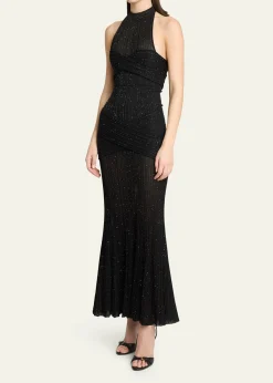 BalmainGlittered Crisscross Semi-Sheer Halter Dress