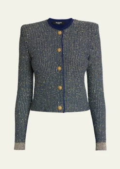 BalmainGlittered Tweed Buttoned Cardigan