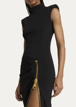 BalmainMock-Neck Zip Slit Sleeveless Gown