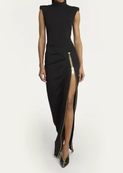 BalmainMock-Neck Zip Slit Sleeveless Gown