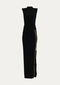 BalmainMock-Neck Zip Slit Sleeveless Gown