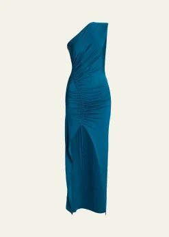 BalmainOne Shoulder Fluid Jersey Ruched Gown