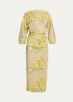 BERNADETTEEzra Floral Ruched Cotton 3/4-Sleeve Midi Dress
