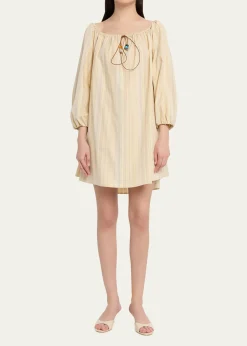 BERNADETTETie-Neck Striped Cotton Long-Sleeve Mini Dress