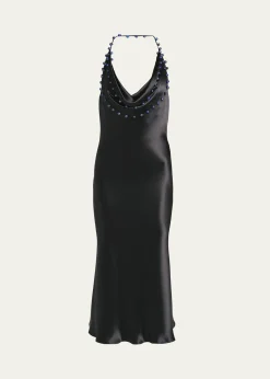 Bottega VenetaBeaded Halter Washed Fluid Shine Viscose Dress