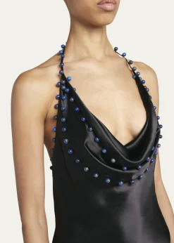 Bottega VenetaBeaded Halter Washed Fluid Shine Viscose Dress