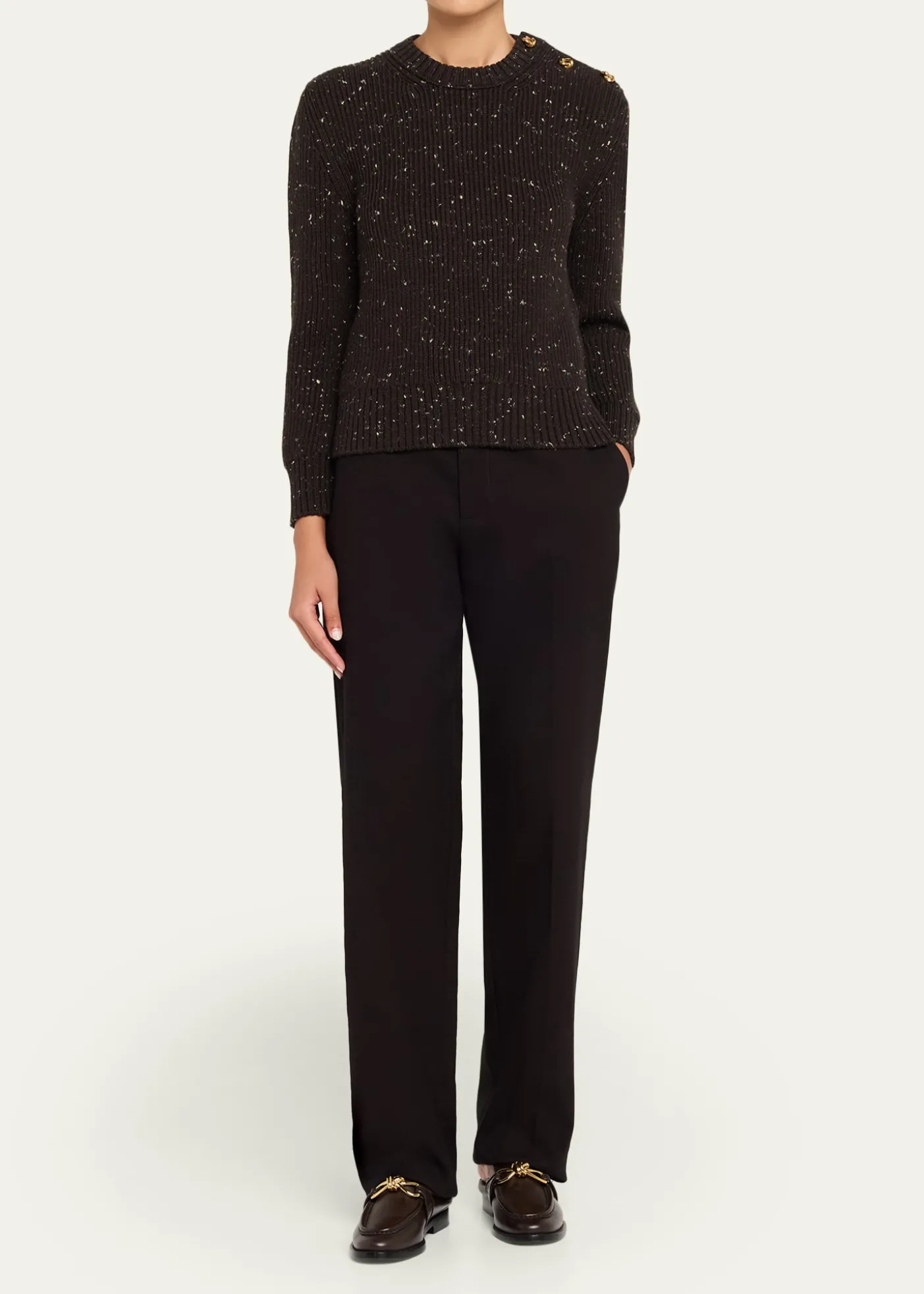 Bottega VenetaButton-Shoulder Speckled Rib Crewneck Sweater