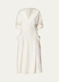 Bottega VenetaFit-and-Flare Grainy Midi Dress with Frog Embellishments