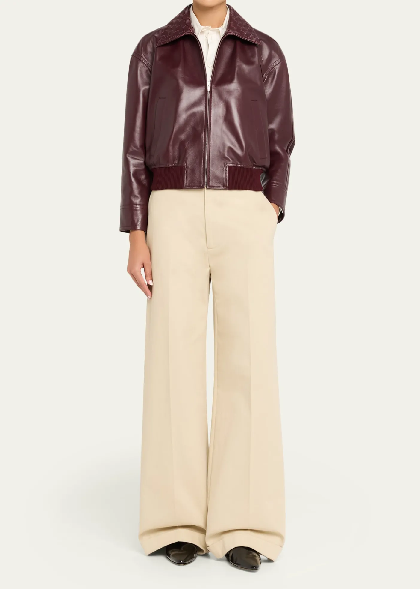 Bottega VenetaIntrecciato Collar Leather Bomber Jacket