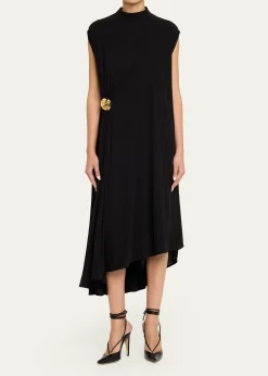 Bottega VenetaMock-Neck Gathered Jersey Asymmetric Midi Dress