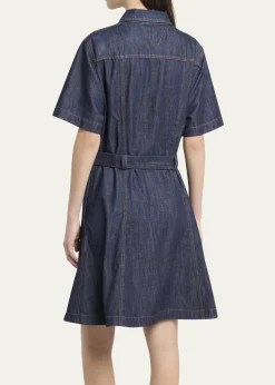 Bottega VenetaShort-Sleeve Belted Denim Shirtdress