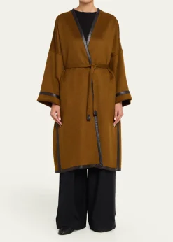 BrioniLeather-Trim Cashmere Oversized Wrap Coat