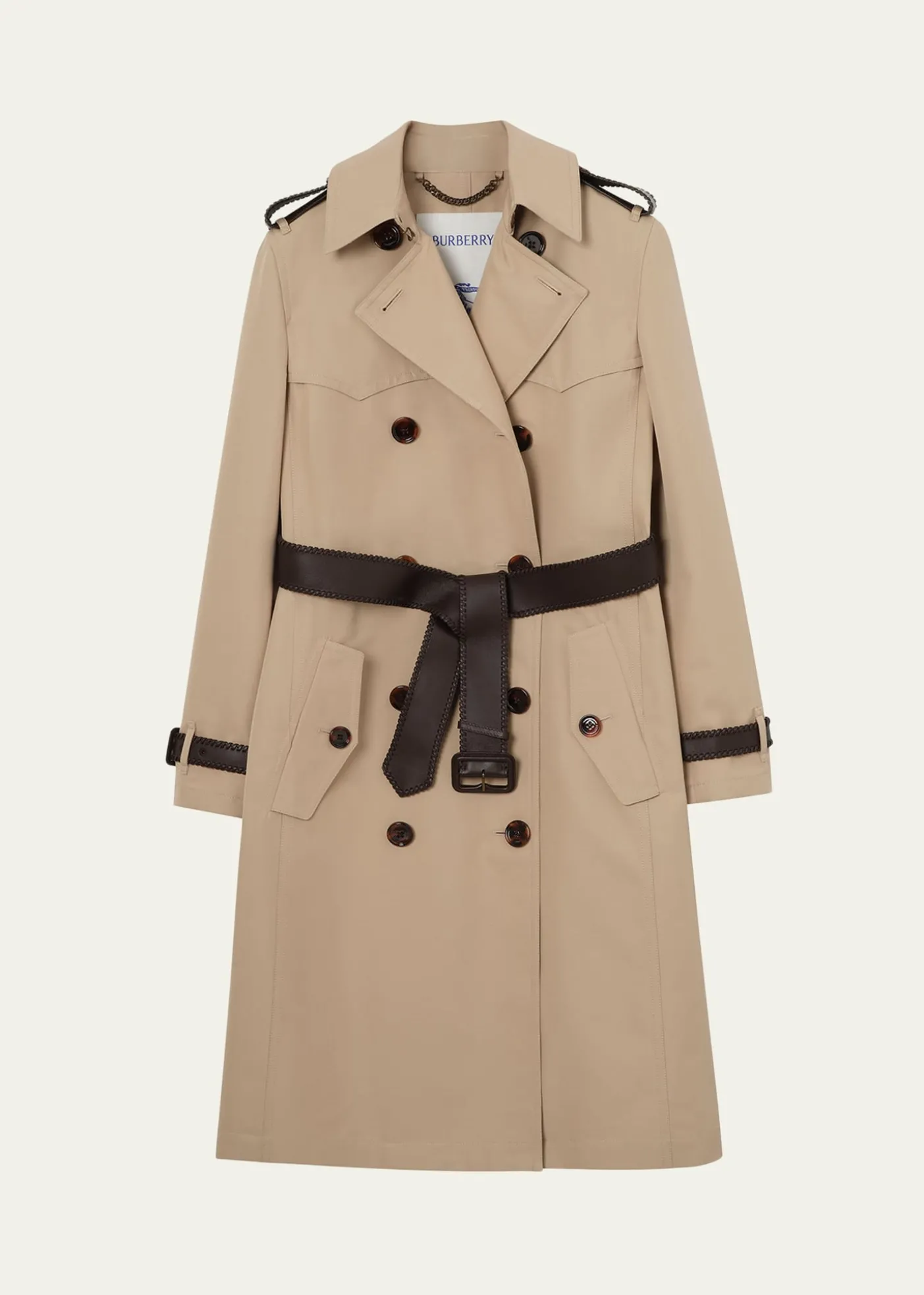 BurberryFoxfield Leather-Trim Double-Breasted Trench Coat