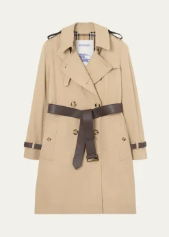 BurberryKensington Leather-Trim Double-Breasted Trench Coat