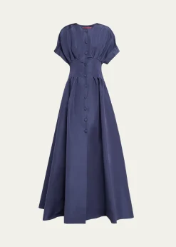 Carolina HerreraCorset-Waist Short-Sleeve Button-Front Gown