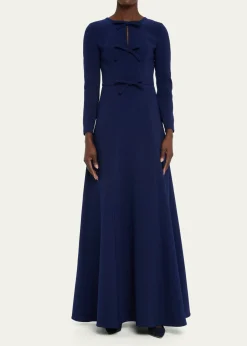 Carolina HerreraTriple Bow Keyhole Long-Sleeve Gown