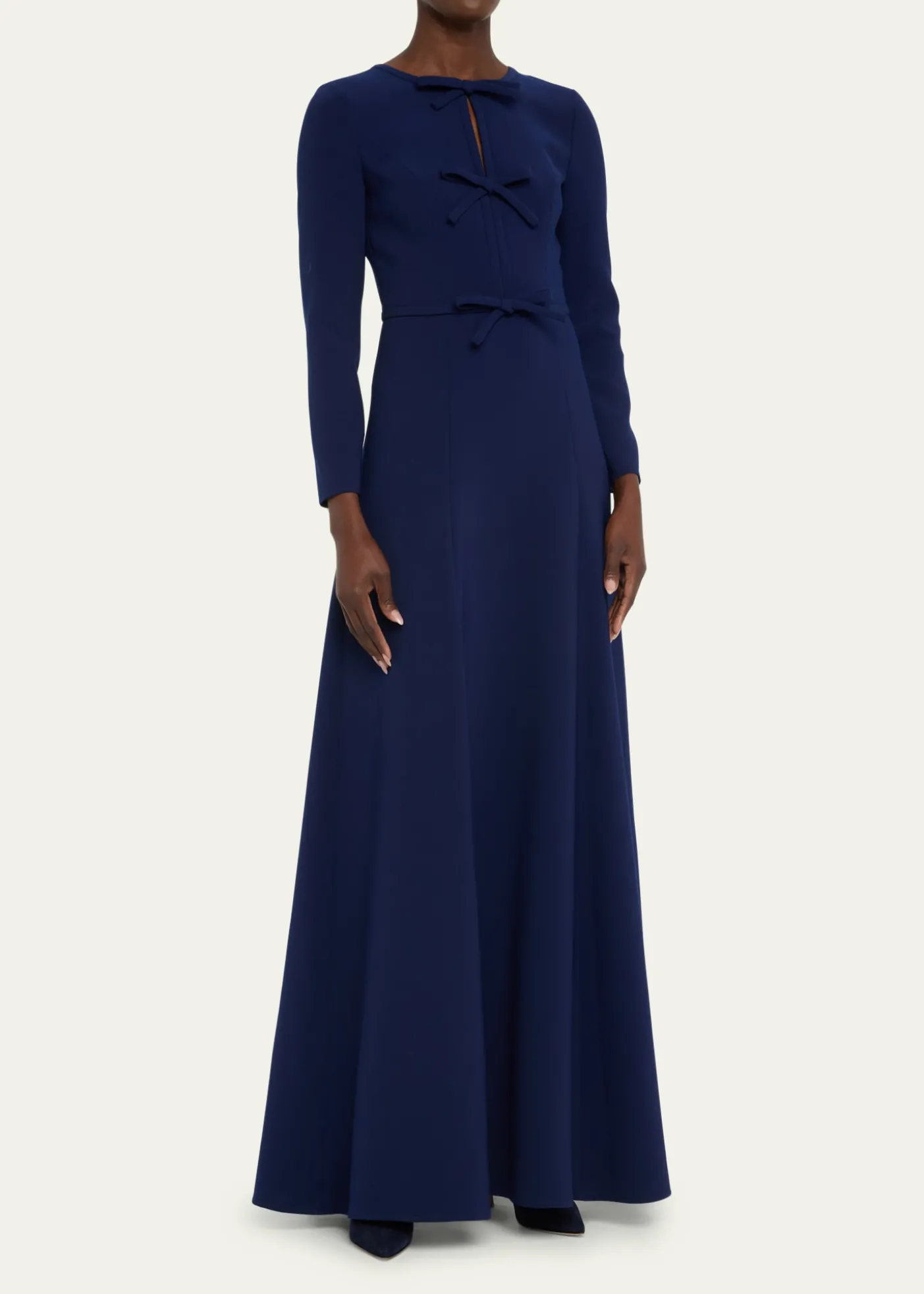 Carolina HerreraTriple Bow Keyhole Long-Sleeve Gown
