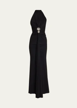Chiara Boni La Petite RobeNitsa Floral-Embellished Halter Column Gown