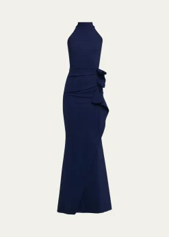 Chiara Boni La Petite RobeSide Ruched Halter Gown with Asymmetric Ruffle