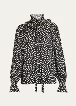 ChloeDots-Print Silk Jacquard Ruffle Blouse