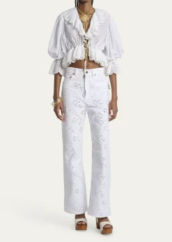 ChloeEyelet Cotton Ruffle Crop Peasant Blouse