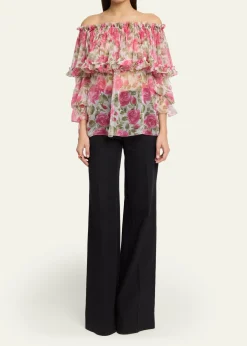 ChloeFloral Silk Off-The-Shoulder Ruffle Top