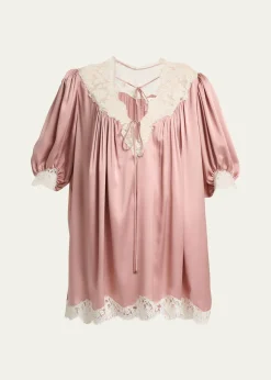 ChloeLace-Trim Short-Sleeve Satin Mini Dress