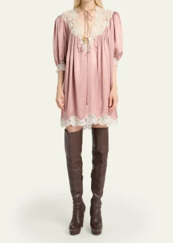 ChloeLace-Trim Short-Sleeve Satin Mini Dress